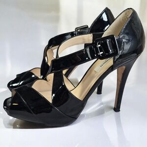 L.K. Bennett Black Patent Leather Stiletto Heels Peep Toe Buckle Woman 39 (8.5)